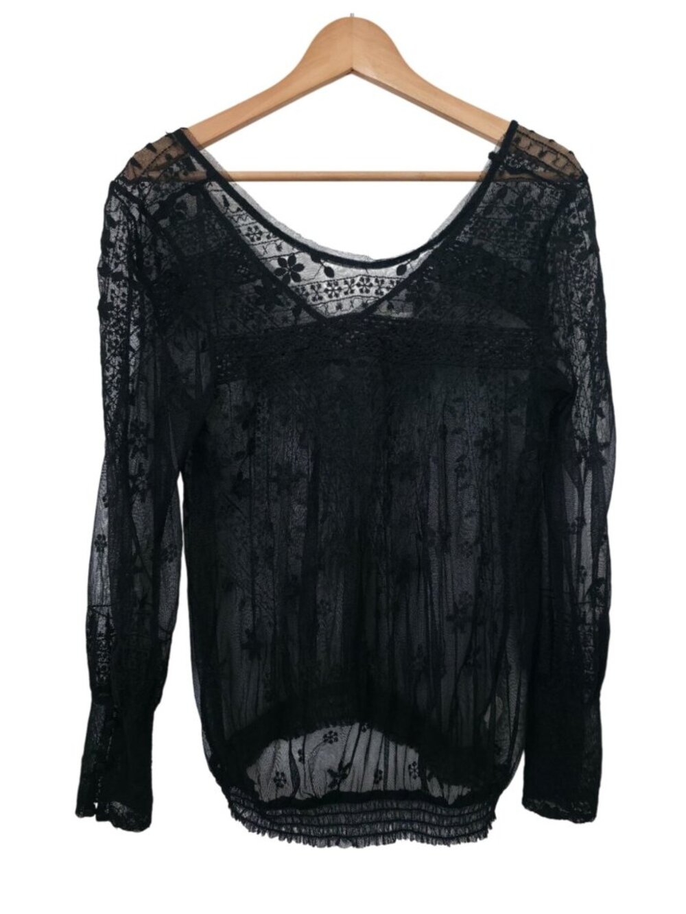 Free People Embroidered Black Sheer Lace Boho Long Sleeve Top Sz S